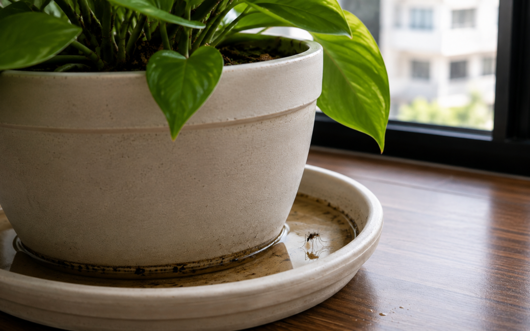 mosquito da dengue em pratinho de planta com água parada